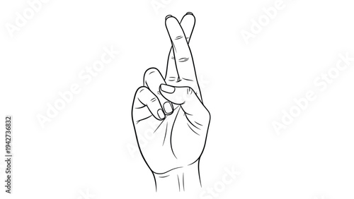Simple black and white line drawing of a human hand with index and middle fingers crossed as a gesture for good luck and hope.