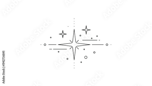 Minimalist starburst or spark illustration using clean lines and dots to create a sense of magic and twinkling light on white.