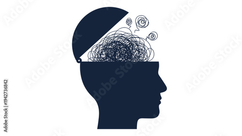 Dark silhouette of a human head with chaotic scribbles and tangled lines emerging to represent mental health issues or complex thoughts.