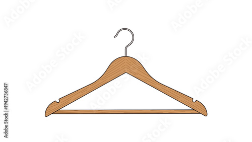 Realistic illustration of a standard wooden clothes hanger with a metal hook shown against a plain white background for fashion use.