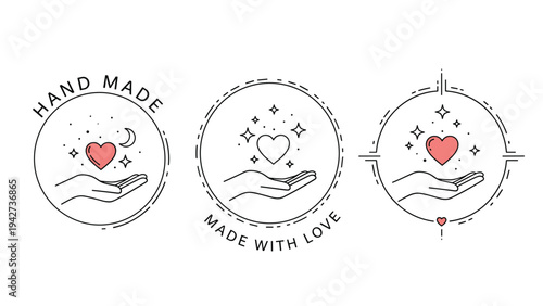 Collection of three circular logos for handmade products featuring hands and hearts with the phrases hand made and made with love.