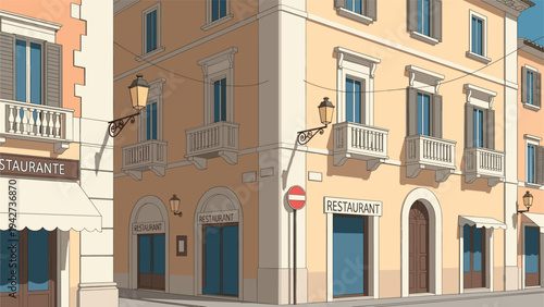 Charming european street with classic architecture in flat design style