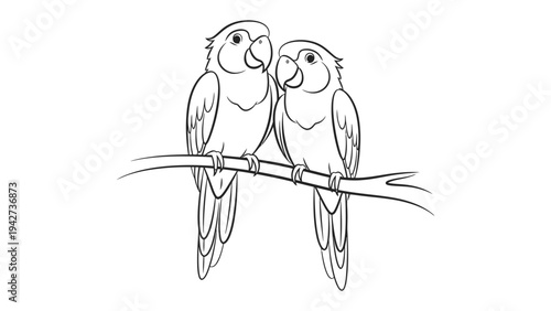 Lovebirds on a Branch: A captivating sketch illustrates two lovebirds perched together on a branch, their closeness and shared presence radiating tranquility. 