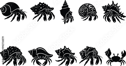 Hermit crab silhouette vector collection featuring marine crustaceans with seashell homes, ocean wildlife illustrations in decorative styles isolated on white background for logo design
