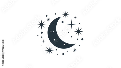 Charming illustration of a crescent moon with a smiling face surrounded by twinkling stars and dots in a whimsical celestial theme.