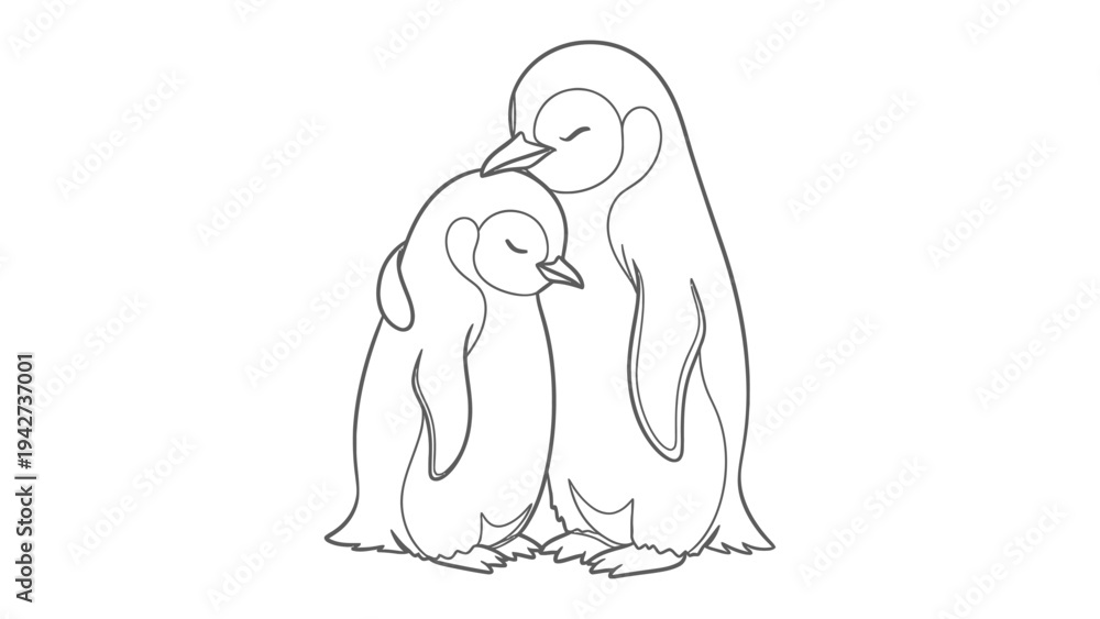 Obraz premium Embracing Bond of Penguins: A heartwarming scene showcases two penguins, their bodies intertwined in a tender embrace, symbolizing unconditional love and familial connection.