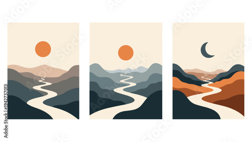 Triptych set of minimalist landscape art prints featuring rolling hills a winding river sun and moon in a modern earthy palette.