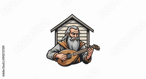 An elderly man with a long beard plays a lute in front of a small wooden building