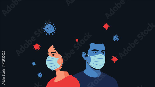 Flat illustration of a man and a woman wearing protective medical masks with virus symbols floating in the dark background.