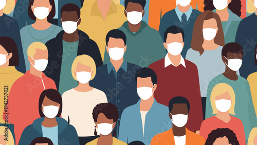 Diverse crowd of people wearing white face masks for health protection in a seamless flat illustration style against a dark sky.