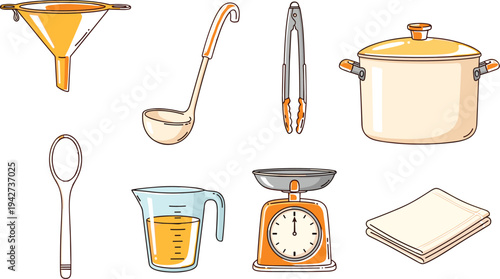 Set of essential kitchen utensils and cooking tools including a funnel ladle tongs pot wooden spoon measuring cup kitchen scale and folded towel for culinary preparation in flat vector style