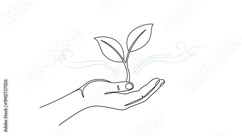 Line art illustration of a hand holding a small plant sprout with stylized wind lines suggesting growth and air purity.