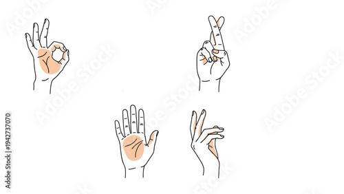 Set of four diverse hand gestures including the okay sign, crossed fingers for luck, an open palm, and a graceful mudra pose on white.