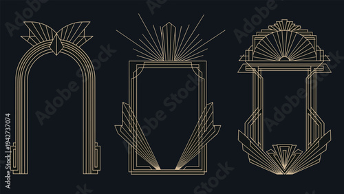Three ornate art deco frames with golden geometric lines and sunburst motifs on a dark background for elegant invitations.
