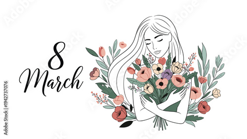 Elegant illustration of a woman hugging a bouquet of flowers for International Women's Day on March 8 with a clean white background.