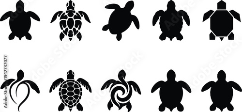 Sea turtle silhouette vector collection featuring marine wildlife icons in geometric, tribal and decorative styles, ocean animal illustrations isolated on white background for logo design