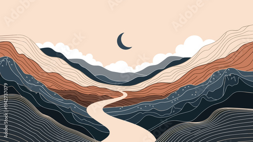 Minimalist landscape illustration featuring rolling hills and mountains with a winding path under a crescent moon in a neutral palette.