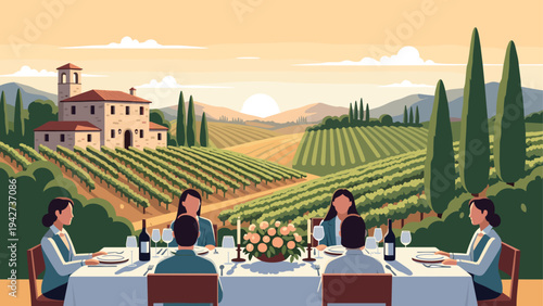 Sunset dining in italian countryside with vineyard and villa scenery