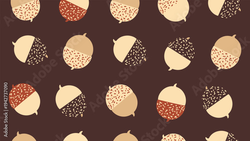 Stylized acorn seamless pattern in warm brown and tan colors arranged on a dark background for autumn and nature themed designs.