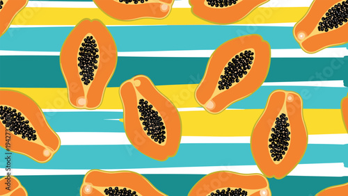 Colorful seamless pattern featuring sliced papaya fruits with seeds on a vibrant yellow, white, teal, and dark blue striped background.