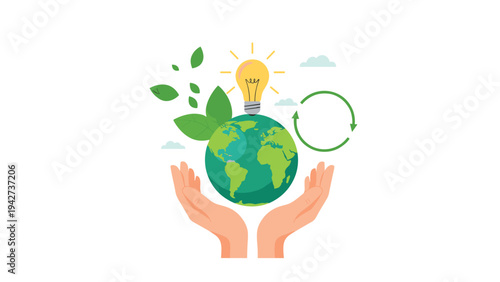 Environmental concept with a globe held in hands featuring an energy-saving lightbulb, green leaves, and a recycling symbol for sustainability.