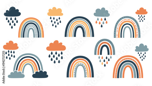 Collection of hand drawn rainbows and rain clouds in a boho color palette with dots and lines for nursery and children's room decor.
