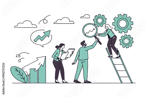 Professional business team managing time and tasks with gears,
Professional Human Resources Illustration.
clock, calendar, and checklist. 
Concept of effective planning, productivity, 
Efficiency at w