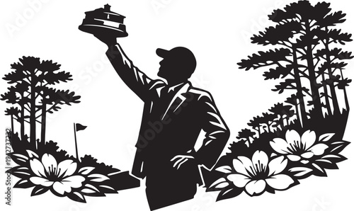 Silhouette of green jacket winner raising trophy amid pine trees and magnolia flowers, triumphant side profile pose, clean stroke lines.