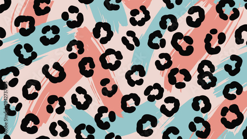 Modern seamless animal print pattern with black leopard spots over colorful brush strokes in pink, peach, and teal on a light background.