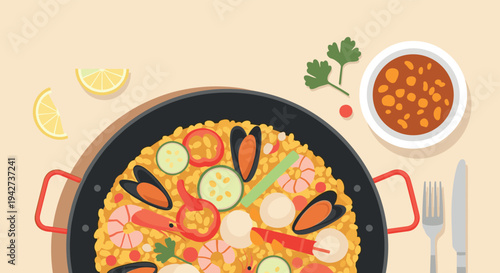 Delicious paella with seafood and vegetables in flat design