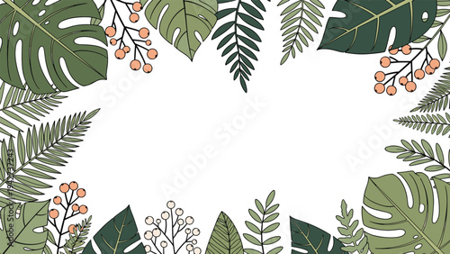 Lush frame of tropical monstera and fern leaves with peach-colored berries on a white background for summer and botanical themes.