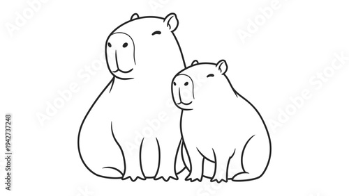 Cozy Capybaras: A heart-warming illustration of two capybaras, one large, one small, exuding peace and contentment through their gentle smiles.