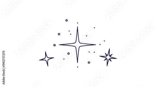 Minimalist set of hand drawn sparkle and star icons in dark blue line art on a white background for magic and celestial themed designs.