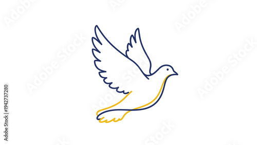 Simple blue and yellow line drawing of a flying dove in a minimalist style symbolizing peace and freedom on a white background.