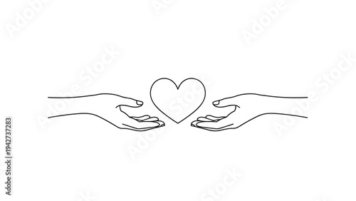 Minimalist line art illustration of two hands reaching towards each other with a heart in the center for love and connection concepts.