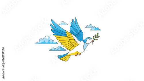 Colorful illustration of a dove in blue and yellow colors carrying a green olive branch for peace and solidarity with Ukraine.