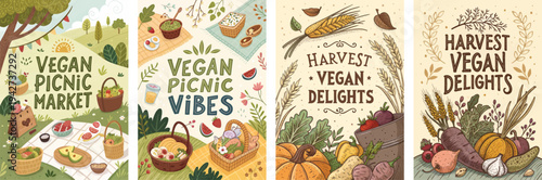 Colorful illustrations showcasing a vegan picnic market and delicious harvest delights.