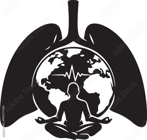 Clean black shape of healthy lungs with earth globe inside, breathing exercise yoga fusion pose.
