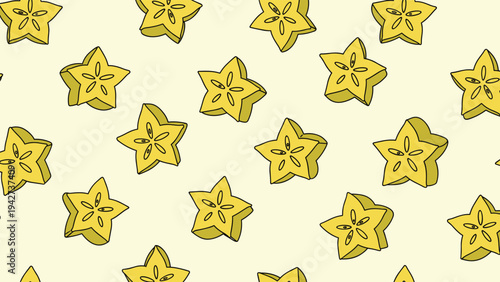 Seamless pattern of yellow starfruit slices with visible seeds scattered across a pale cream background for kitchen or fruit themes.