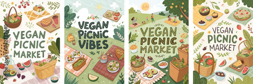 Colorful illustrations promoting a vegan picnic market with various plant-based foods.