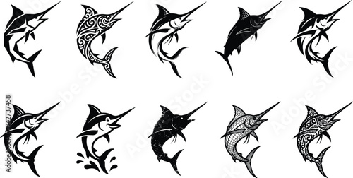 Swordfish marlin silhouette vector collection featuring jumping ocean sport fish illustrations in tribal, geometric and sketch styles, marine wildlife icons isolated on white