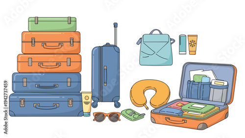 Large collection of travel luggage including a tall stack of colorful suitcases, an open packed case, and various flight accessories.