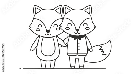 Cute Couple Fox: A charming illustration depicts two adorable foxes, hand in hand, exuding warmth and affection, perfect for various designs.