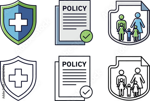 Health Insurance and Family Policy Icon Set for Medical Protection