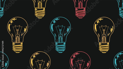Vibrant seamless pattern of multi-colored light bulb outlines including yellow, orange, blue, and pink on a solid black background.