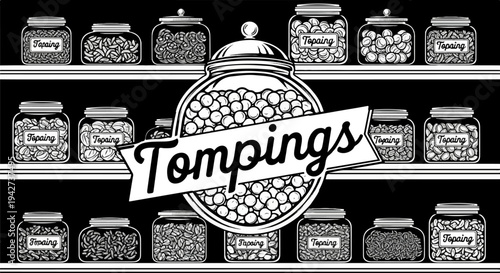 Assortment of glass jars filled with various toppings on shelves