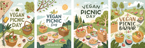 Colorful illustrations celebrating a vegan picnic day with delicious plant-based foods.