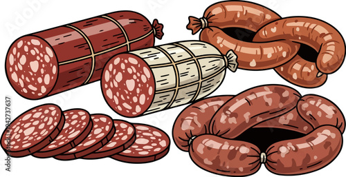 Assortment of cured meats, including sliced salami and linked sausages