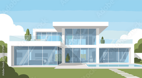 Modern minimalist house with large glass windows and pool design