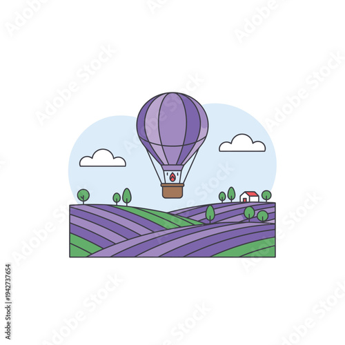 Purple hot air balloon floating over lavender fields.